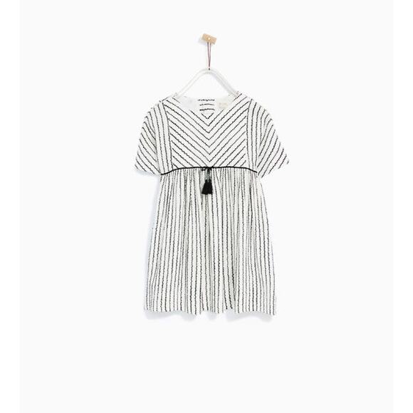 ZARA Girls Soft Collection Striped Embroidered Pom-Pom Detail Tunic Dress - Picture 1 of 15